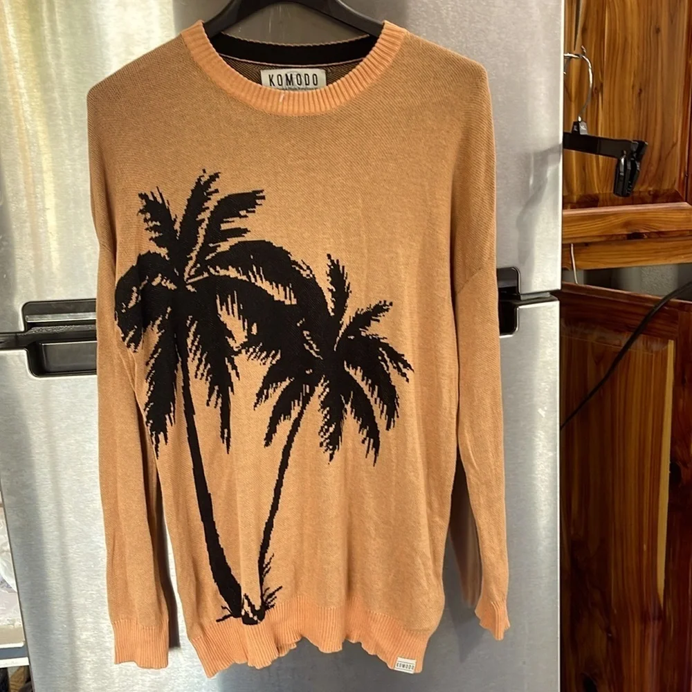 KOMODO women’s tunic length long sleeve sweater, palm tree accent vanity, size 3